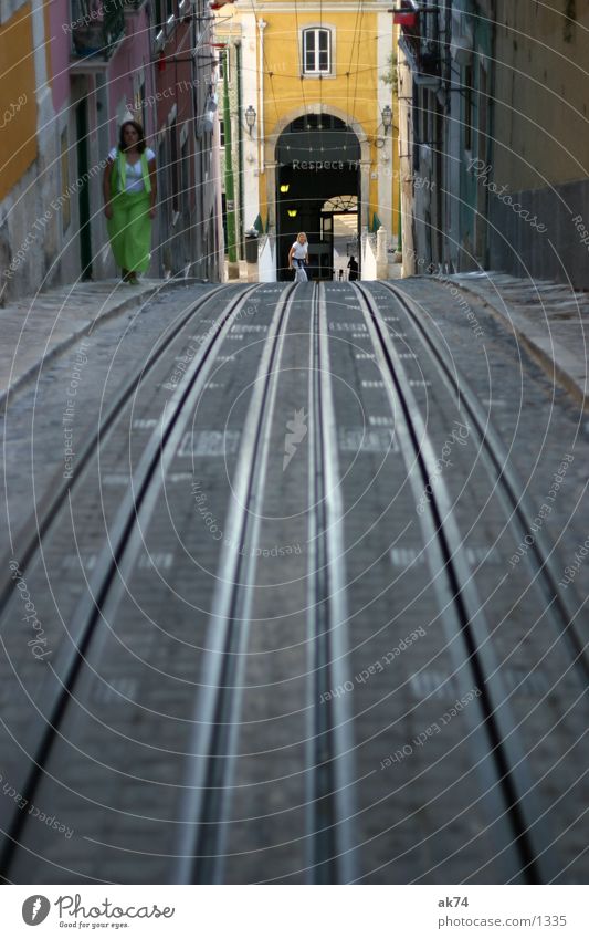 downhill Lisbon Railroad tracks Tram Parallel Transport Line Street