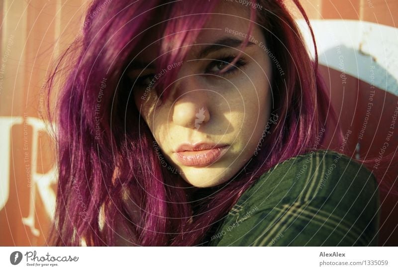 Drama - analog portrait of young woman with purple hair Flirt Young woman Youth (Young adults) Face Eyes Lips 18 - 30 years Adults barred check Long-haired