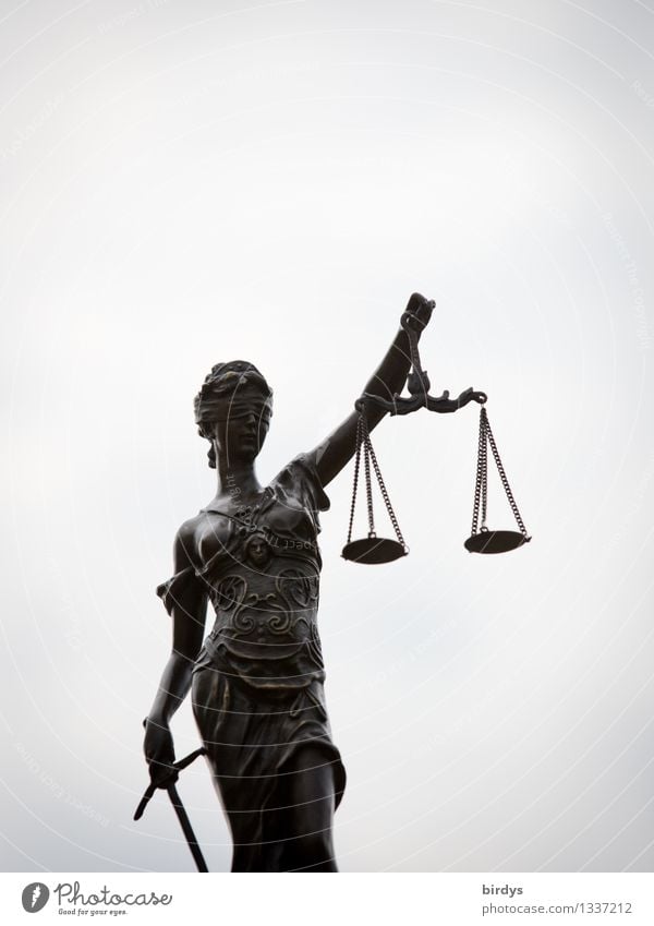 Justitia, symbolic figure for justice and jurisdiction Feminine Sculpture Sky Clouds Scale Figure To hold on Esthetic Elegant Thin Gray Fairness Inequity