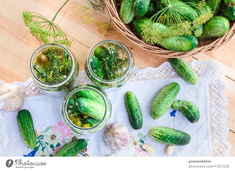 Pickling cucumbers with home garden vegetables and herbs Vegetable Herbs and spices Organic produce Garden Summer Fresh Natural Green Basket Dill food Garlic