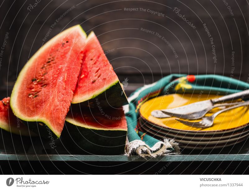 Watermelon season in the kitchen Food Fruit Dessert Nutrition Organic produce Diet Crockery Plate Cutlery Knives Fork Style Design Healthy Eating Life Summer