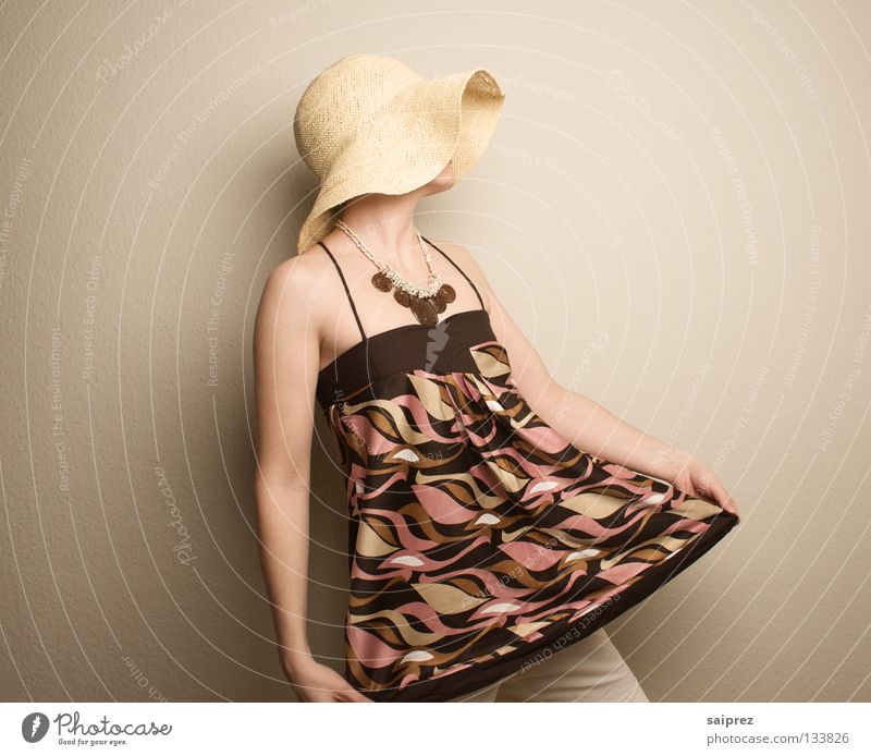 face upwards Woman Straw hat Headwear Top Pattern Clothing Hat strappy top Skin concealed face looking up Fashion