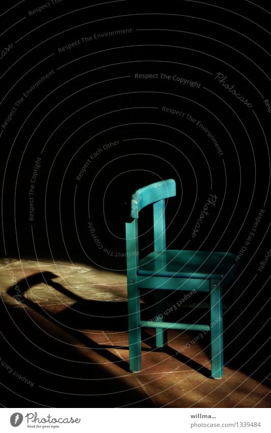 Empty turquoise child chair in the light Chair high chair Small Turquoise Shadow Shadow play Dark side unmanned Fill Free Deserted Copy Space top