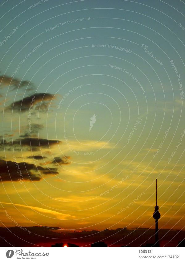 NEOROMANTIK: POSTCARD FROM BERLIN Romance Berlin TV Tower Kitsch Sunset Clouds Town Radio (broadcasting) Broadcasting tower Yellow Red Color gradient