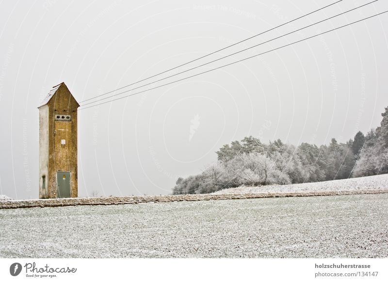 Franconia -- 01 Winter Cold White Gray Yellow Electricity Field Dreary Transformer Calm Exterior shot Wide angle Energy industry Cable Arrow Snow Hoar frost Sky