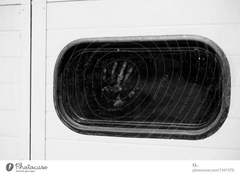 tracks Hand Fingers 1 Human being Window Creepy Loneliness Fear Claustrophobia Dangerous Threat Mysterious Identity Transience Black & white photo Deserted Day