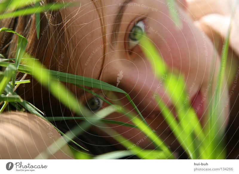 the morning hour has gold in its mouth Grass Meadow Spring Plant Environment Grinning Green Summer Physics Wake up Woman Portrait photograph Self portrait