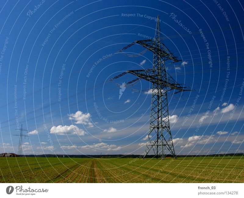 spoiling the landscape Cyan Electricity Power Clouds Field Electricity pylon Green Steel Iron Skeleton Energy crisis Electrical equipment High-power current