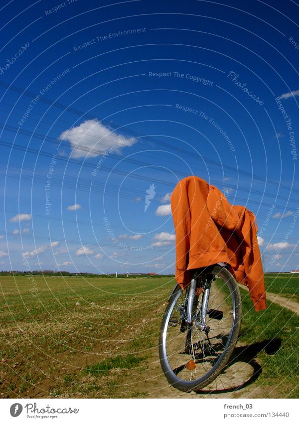 Sweater on tour Clouds Cyan Bicycle Jacket Green Meadow Grass Field Agriculture Break Fork Cycling tour Vacation & Travel Relaxation Free Release Empty