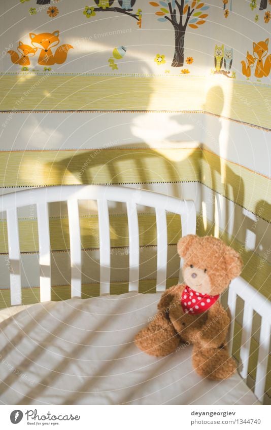 Teddy bear in a baby room Happy Child Baby Toddler Girl Woman Adults Mother Family & Relations Toys Love Sleep Small Cute Soft White Bear sjunshine Home kid