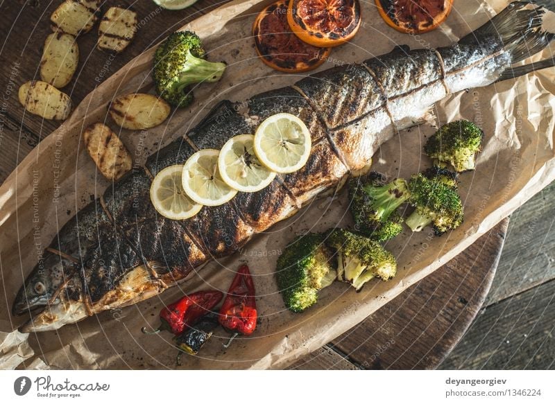 Roasted salmon and vegetables Seafood Vegetable Lunch Dinner Plate Rope Paper Green White Salmon Meal Gourmet Dish Carrot Broccoli Lemon Organic Cooking