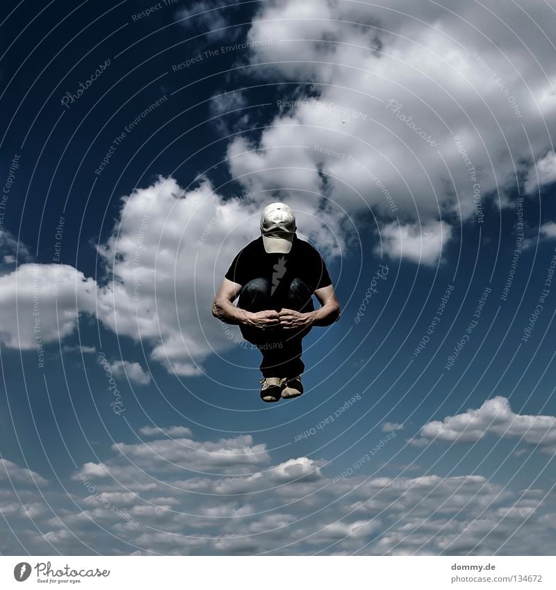 Dot Man Fellow Frozen Clouds Summer Cap Pants Shirt Hand Fingers Hover Jump Bundle Small Attract Duck down Middle Flying Aviation Sky Blue cappy Jeans Arm Legs
