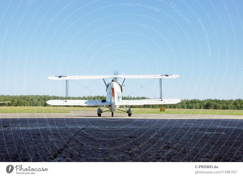 double-decker start Landscape Air Sky Cloudless sky Forest Aviation Airplane Biplane Airport Runway Airplane landing Airplane takeoff Blue Departure Propeller