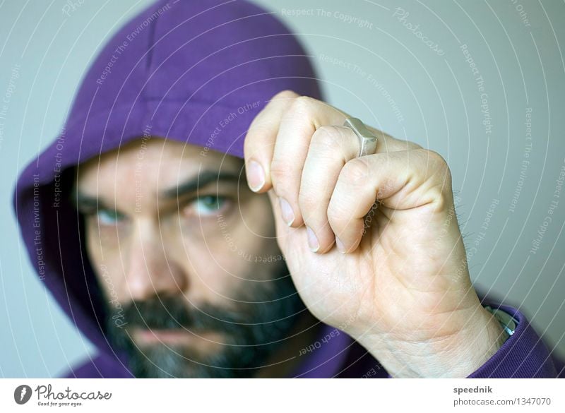 Thanks to Photocase this: Punch cap Masculine Man Adults Face Hand 1 Human being 30 - 45 years 45 - 60 years Hooded sweater Ring Cap Black-haired Facial hair