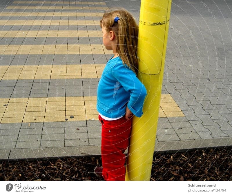 Should I or shouldn't I? Hair and hairstyles Traffic infrastructure Street Sweater Stone Brown Yellow Red Zebra crossing mulch Long-haired Child Girl Lamp post