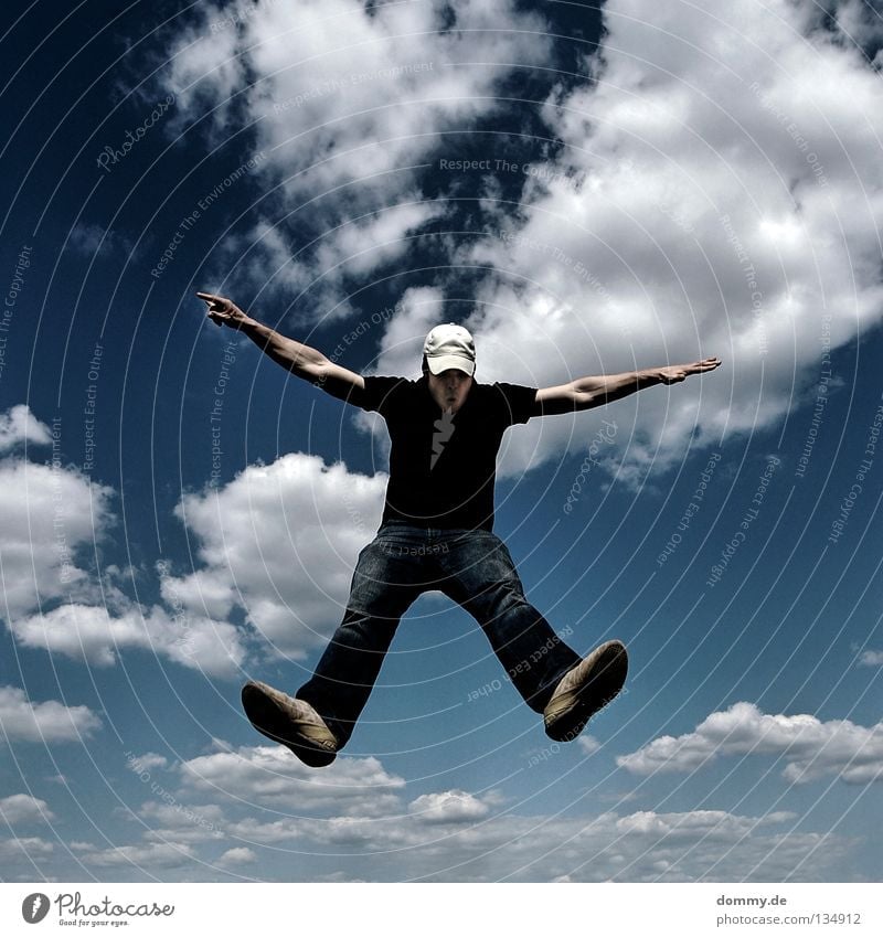 3. Man Fellow Frozen Clouds Summer Cap Pants Shirt Hand Fingers Hover Jump Tread Kick off Playing Anxious Flying Aviation Sky Blue cappy Jeans Arm Legs