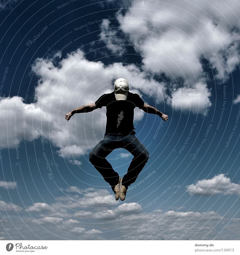 2. Man Fellow Frozen Clouds Summer Cap Pants Shirt Hand Fingers Hover Jump Tread Kick off Playing Anxious Flying Aviation Sky Blue cappy Jeans Arm Legs