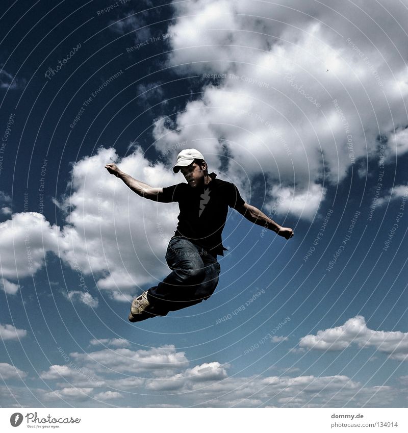 1. Man Fellow Frozen Clouds Summer Cap Pants Shirt Hand Fingers Hover Jump Tread Kick off Playing Anxious Joy Flying Aviation Sky Blue cappy Jeans Arm Legs