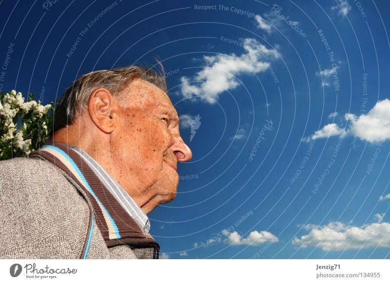 Grandpa's on the lookout. Man Senior citizen Grandfather Future Hope Vantage point Skeptical Contentment Retirement Sky Looking Male senior Laughter Happy