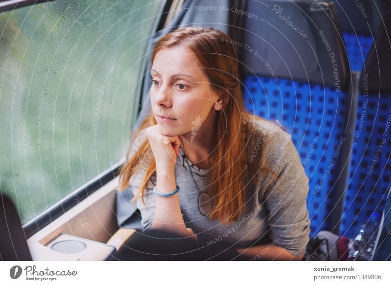 on the train Calm Leisure and hobbies Vacation & Travel Tourism Trip Adventure Far-off places Freedom City trip Human being Young woman Youth (Young adults)