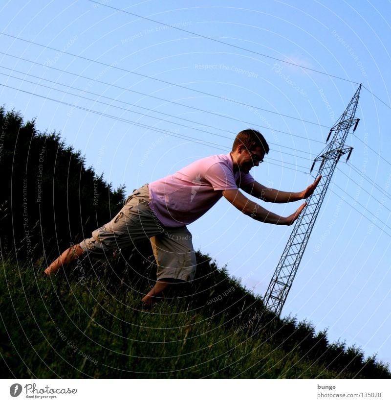 marcus contendit Hand Upper body Hang To hold on Grasp Electricity pylon Cable Electrical equipment Clouds Touch Warning label Man Pushing Tumble down