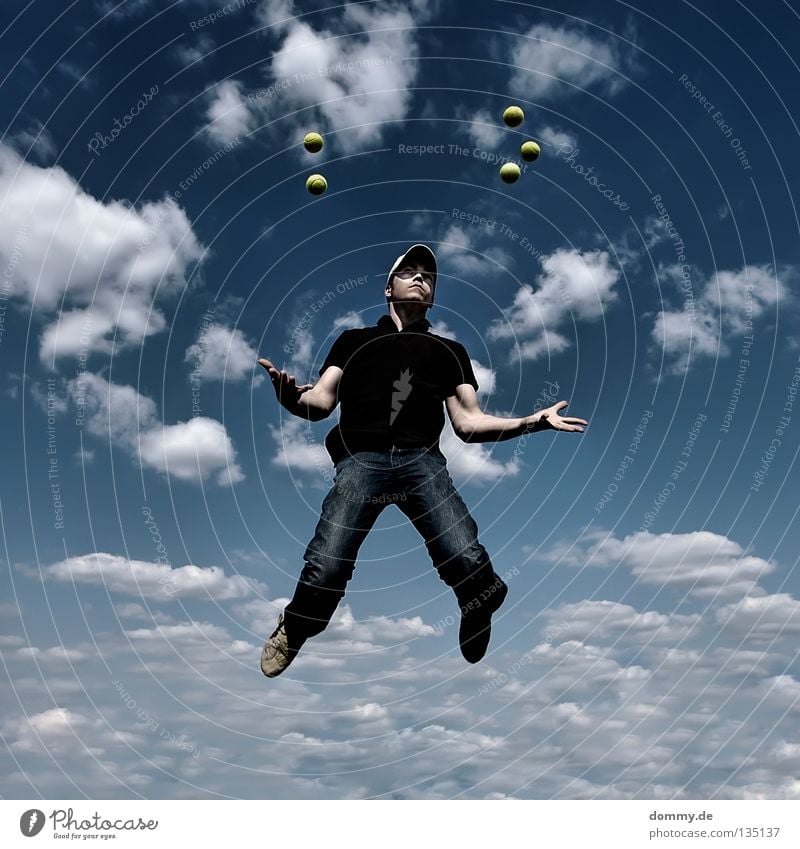 low gravity Man Fellow Summer Clouds Tennis ball Hover Frozen Slope T-shirt Easy Weightlessness Juggle Dark Joy Sky Blue Ball Flying Legs Feet Arm Jeans cappy