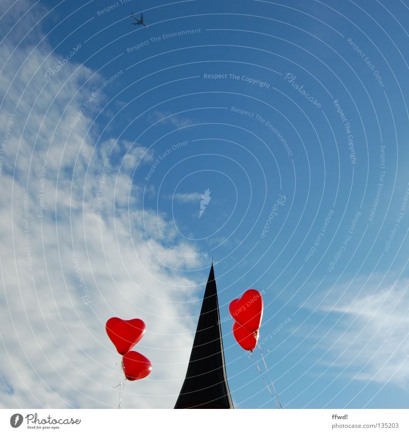 spiral tower kids Church spire Balloon Red String Clouds Hover Go up Release House of worship Joy Sky Religion and faith Point Heart Flying Love
