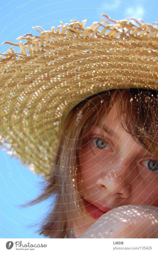 Portrait - - - - Light points and freckles Clouds Beautiful Sky blue Straw hat Brown Beige Relaxation Summer Hiking Leisure and hobbies To enjoy Hot