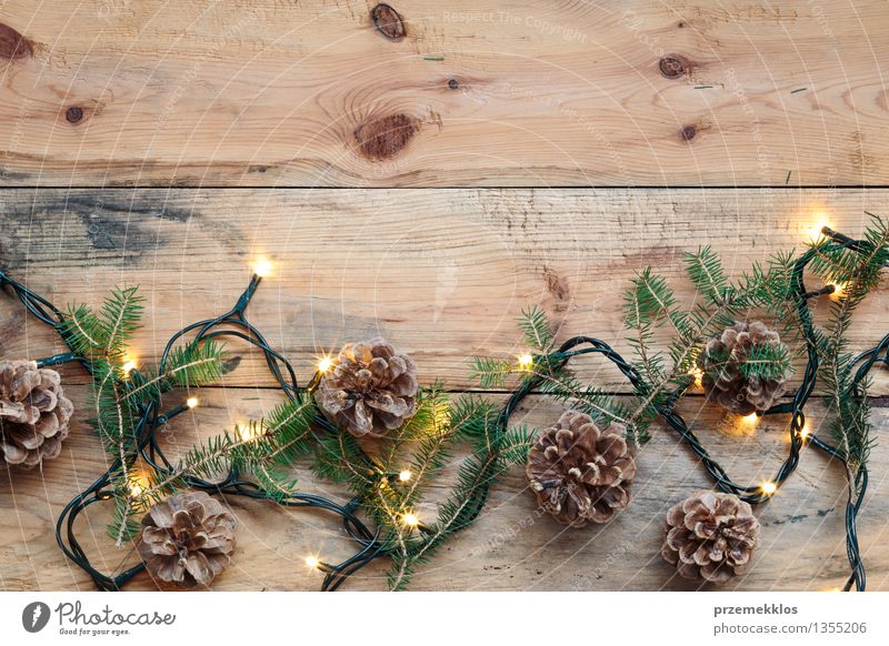 Christmas decoration with lights and pine twigs Tradition December Story Home Horizontal Pine Colour photo Interior shot Close-up Copy Space top Bird's-eye view