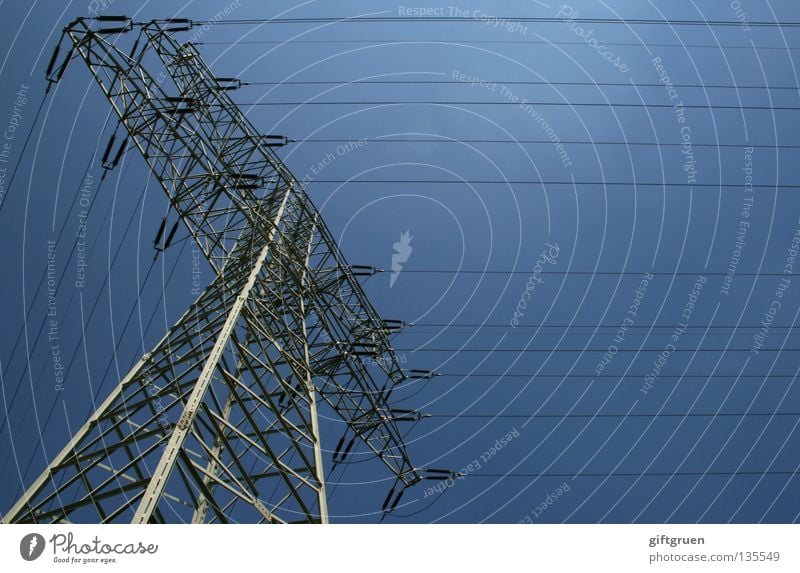 high voltage I Electricity Electricity pylon Energy industry Wire Steel Might Dangerous Sky Industry power supply Transmission lines Cable Tall Large Level