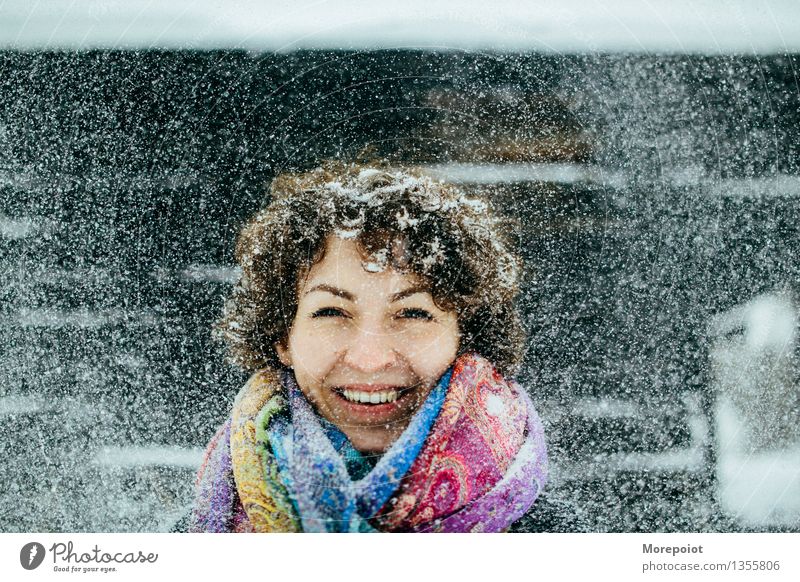 Girl Young woman Youth (Young adults) Adults Head 1 Human being 18 - 30 years Winter Snow Snowfall Scarf Brunette Curl Freeze Playing Happy Happiness Funny