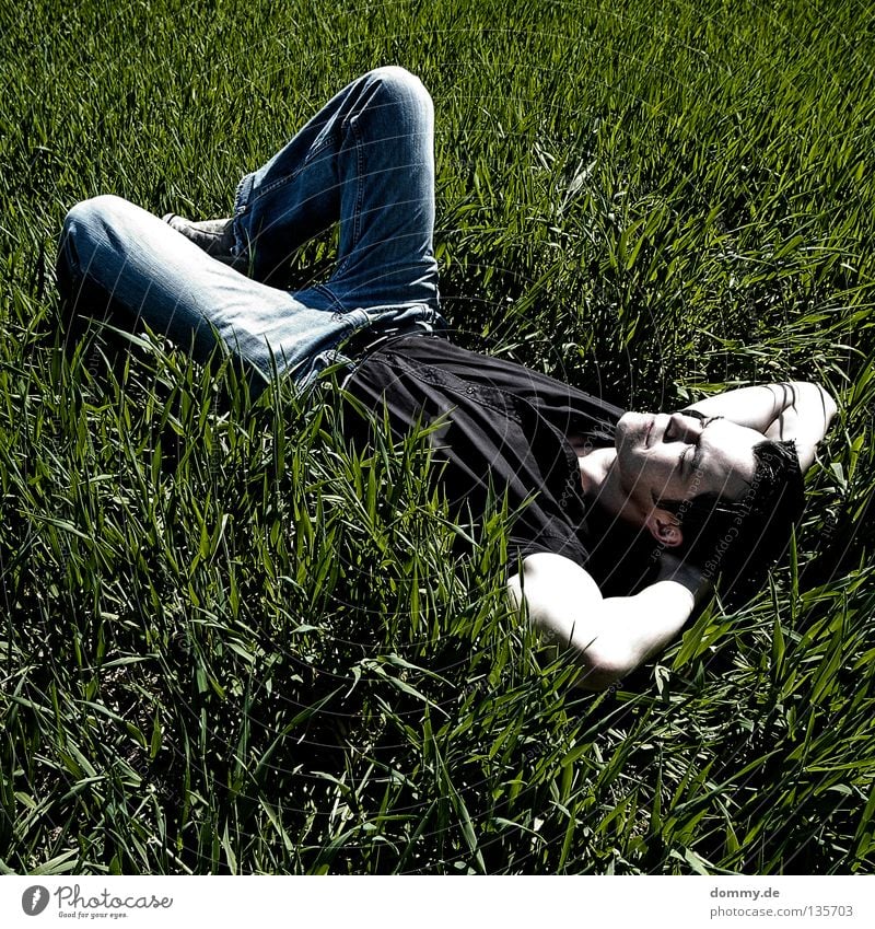 chillout Man Fellow Grass Field Summer Relaxation Pants Shirt Dark Green Sleep Sunbathing Air Fresh Untouched Jeans Bright face skin Nature