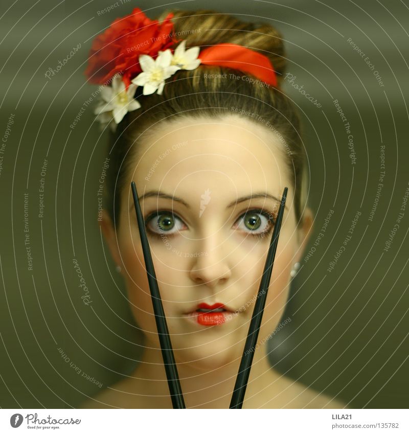 Chinatown Japan Chinese Red Geisha Chopstick Culture Sushi Scare Make-up Hair and hairstyles Woman Eyes habit of eating