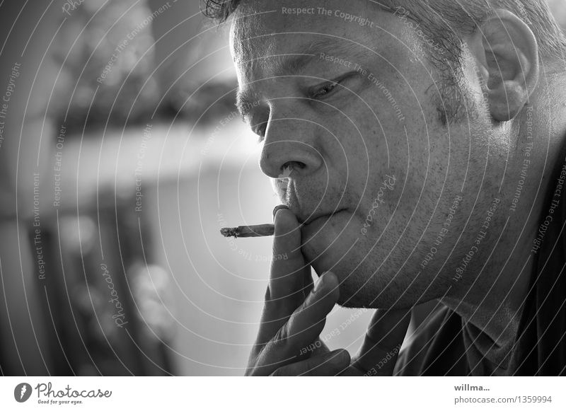 Middle-aged man pulls on a cigarette - Zugzwang smoking Man Cigarette Cigarette Butt Smoking portrait Face Fingers Nicotine Harmful To enjoy Addiction