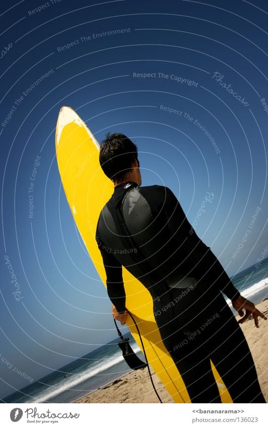 Out there. Ocean Surfer Surfboard Sky Yellow Man Beach Waves Summer Water Aquatics Funsport Pacific Beach San Diego County sea wetsuit Wooden board Surfing