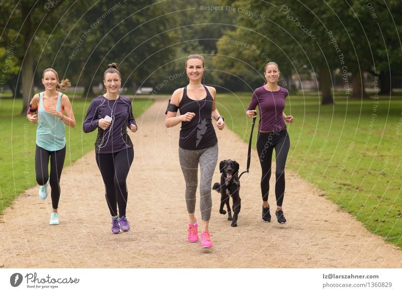 Four healthy young women jogging in the park Lifestyle Relaxation Summer Sports Jogging PDA Woman Adults Friendship Group Park Pet Dog Fitness Smiling Athletic