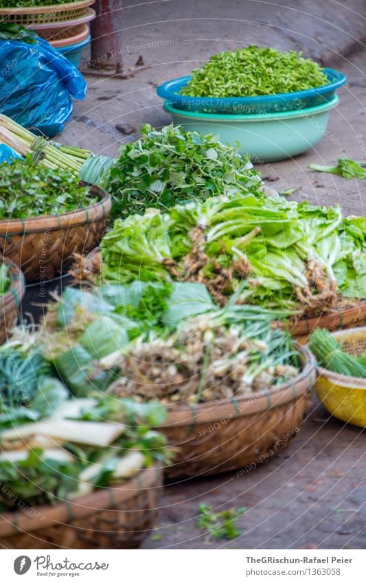 vegetables Food Vegetable Lettuce Salad Blue Brown Gray Green Turquoise White Basket Sell Markets Vegetable market Herbs and spices Fresh Offer Esthetic Vietnam