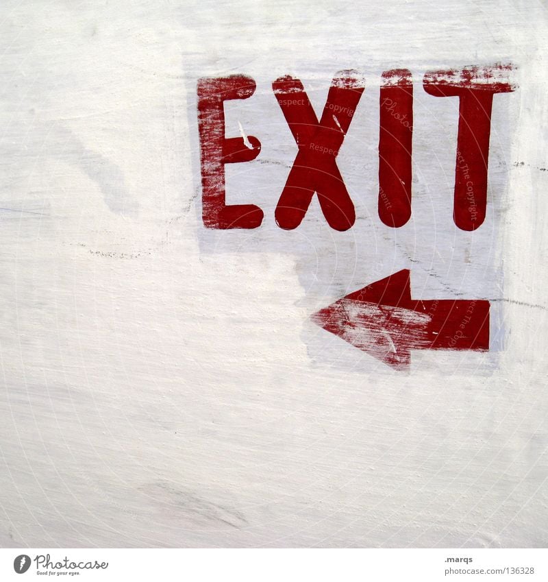 EXIT Letters (alphabet) White Left Red Direction Word Way out Escape route Highway ramp (exit) Fear Panic Signs and labeling Characters Lanes & trails Arrow