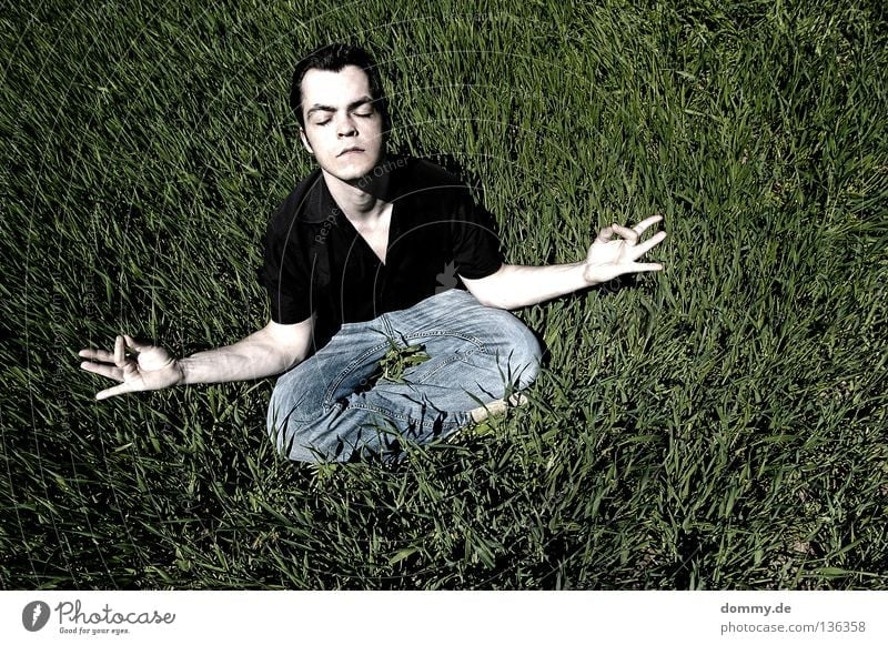 refuel Man Fellow Relaxation Yoga Meditation Fingers Hand White Grass Field Summer Black Pants Eyebrow Lips Closed Concentrate Arm Pallid Skin Jeans Eyes Nose