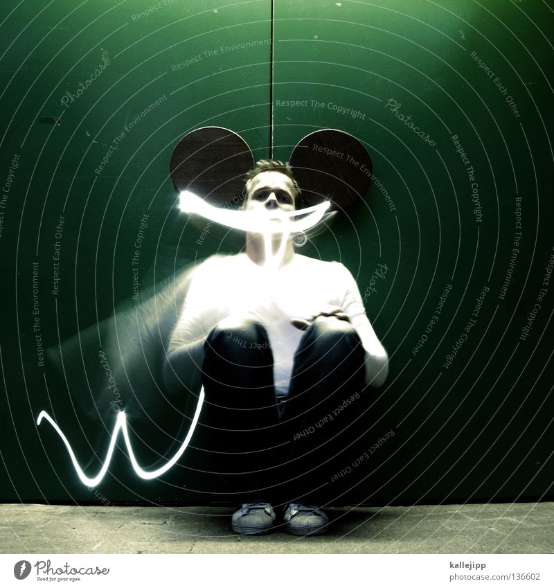 ... mouse Rodent Animal Man Light Long exposure Tails Comic Quote Walt Disney Crouch Movement Humor Obscure Mouse peep Ear Mickey Mouse costume Human being Mask