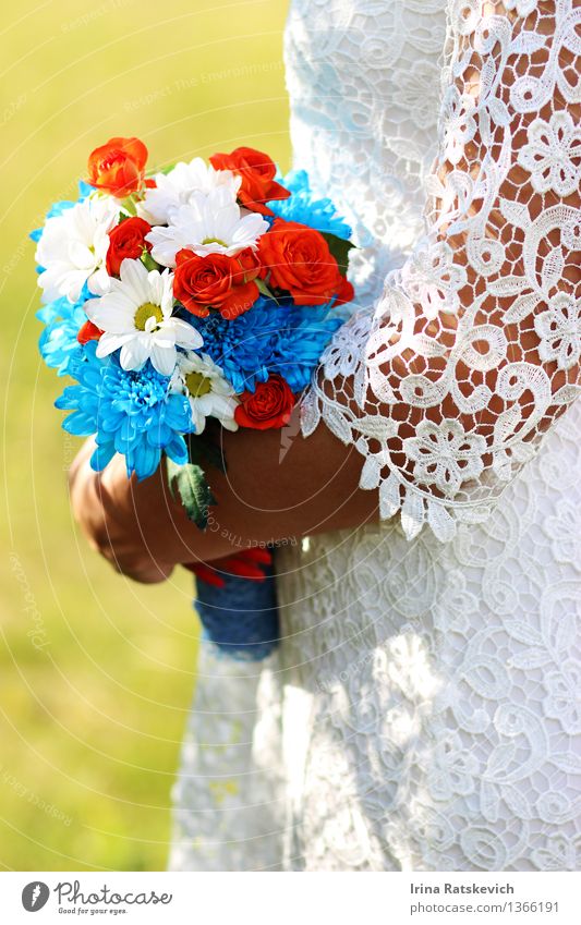 wedding bouquet of flowers in hands of the bride Nature Beautiful weather Flower Dress Wedding Wedding dress Bouquet Colour photo Exterior shot Day