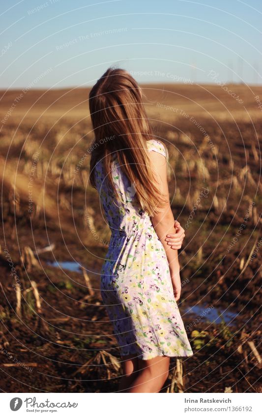 girl on spring field Young woman Youth (Young adults) Body Hair and hairstyles Arm 1 Human being 18 - 30 years Adults Nature Landscape Beautiful weather Field