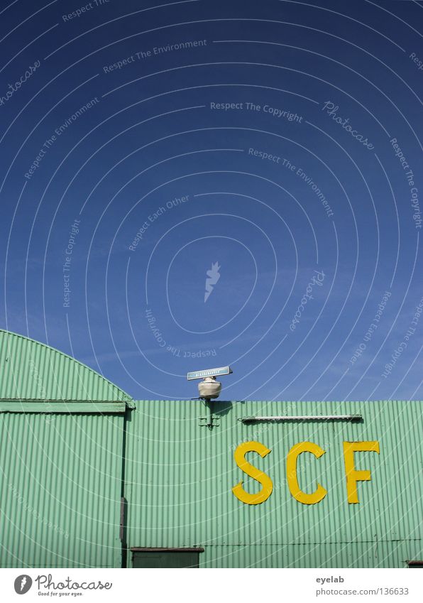 SCF is watching you! V.1.1 Turquoise Corrugated sheet iron Radar station Yellow Lamp Neon light Neon lamp Clouds Safety Typography Electricity