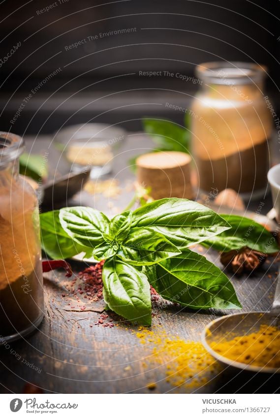Fresh basil with spices Food Herbs and spices Nutrition Organic produce Vegetarian diet Italian Food Asian Food Crockery Bowl Bottle Glass Healthy Eating Life