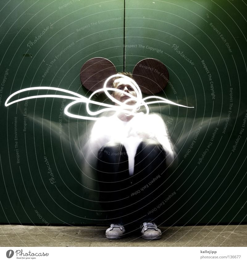 mousetrap Rodent Animal Man Light Mouse trap Long exposure Tails Comic Quote Walt Disney Crouch Movement Humor Obscure peep Ear Mickey Mouse costume Human being