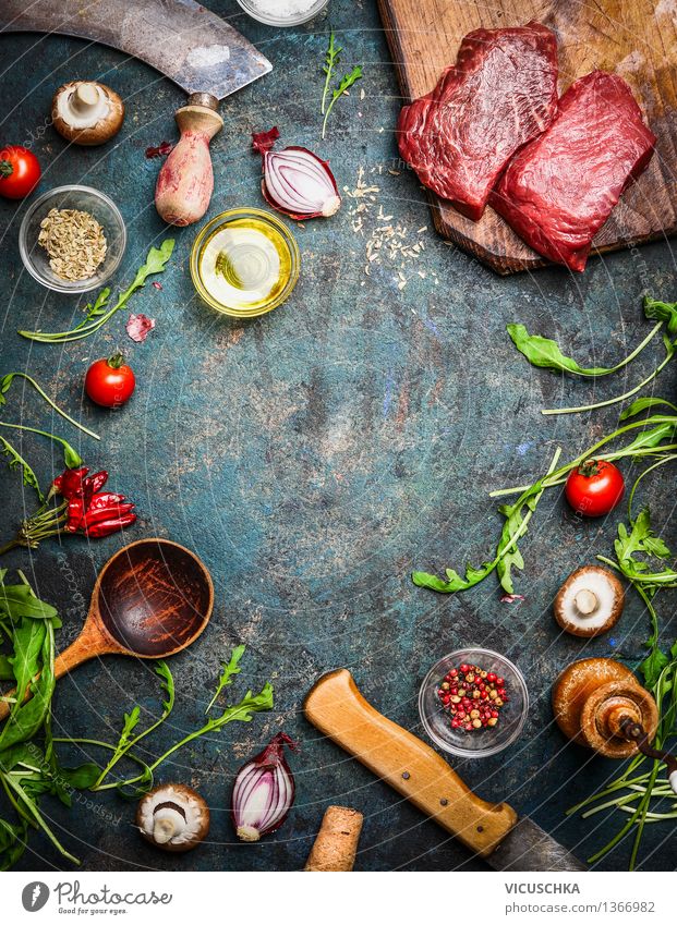 Hip steak with aromatic herbs and spices for cooking Food Meat Vegetable Lettuce Salad Herbs and spices Cooking oil Nutrition Lunch Banquet Organic produce Diet