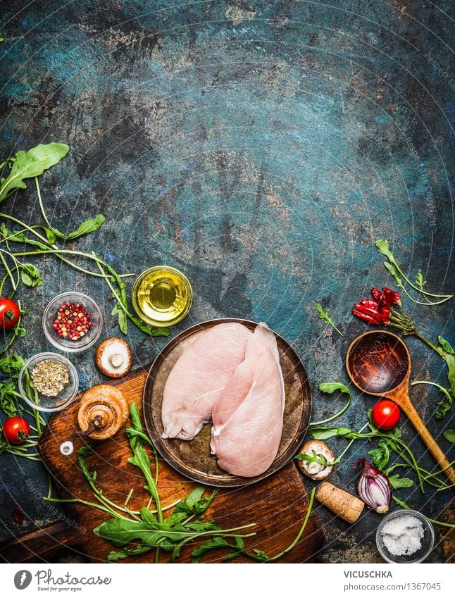 Chicken breast and fresh delicious ingredients for cooking Food Meat Vegetable Lettuce Salad Herbs and spices Cooking oil Nutrition Lunch Banquet
