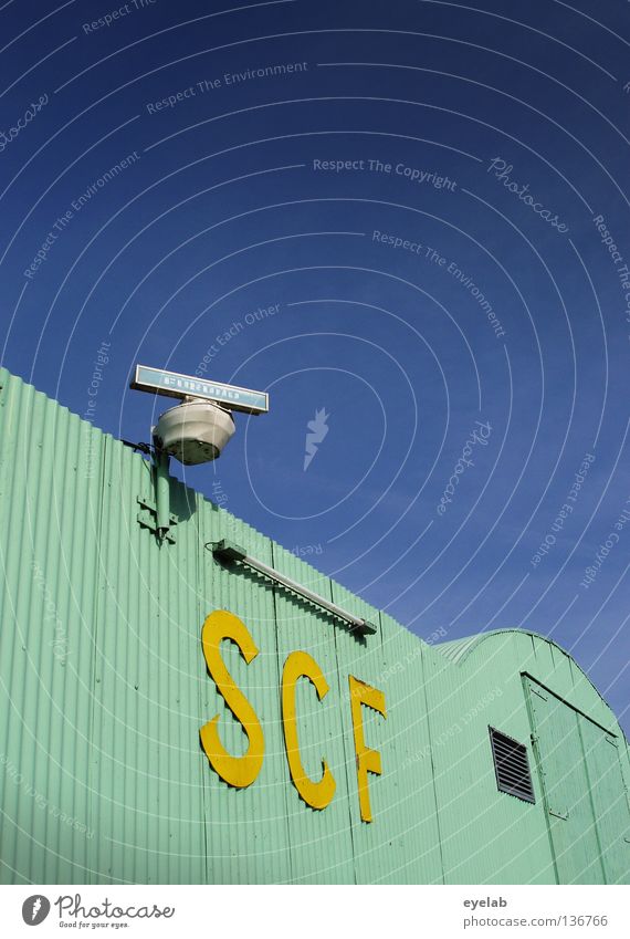 SCF is watching you! V.1.2 Turquoise Corrugated sheet iron Radar station Yellow Lamp Neon light Neon lamp Clouds Safety Typography Electricity