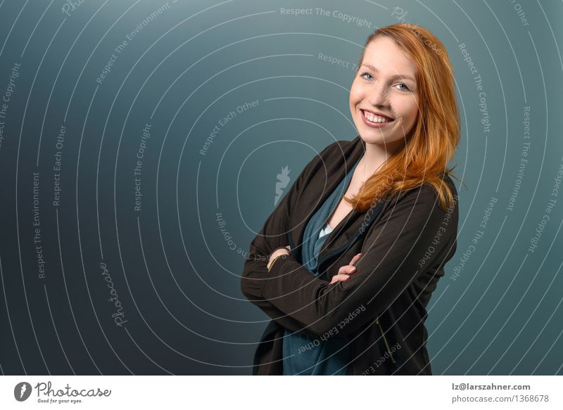 Portrait of Smiling Confident Red Haired Woman Happy Face Calm Decoration Success Blackboard Adults Arm 1 Human being 18 - 30 years Youth (Young adults)