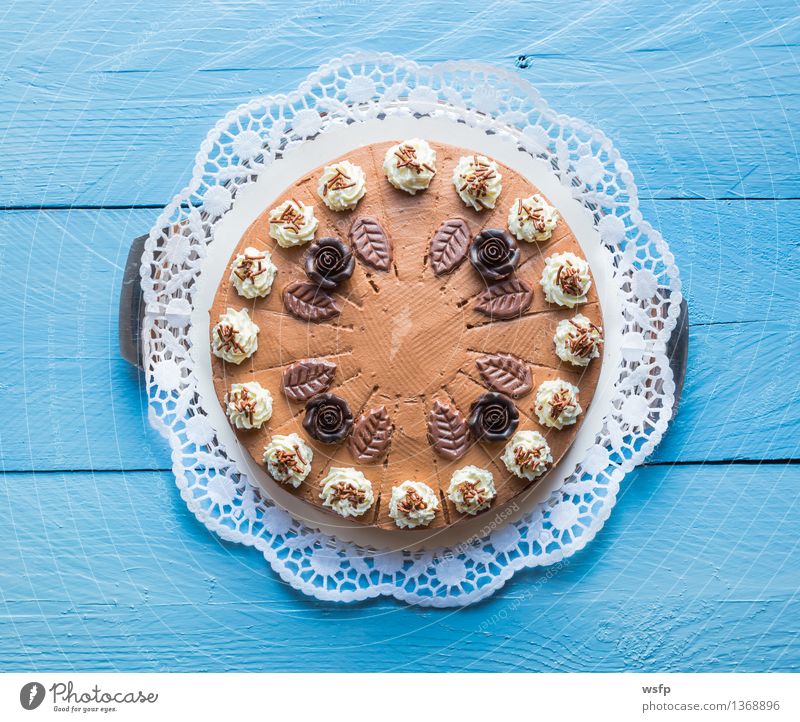 Chocolate cream cake on blue wood with cake lace Cake Dessert Wood Blue chocolate cream cake Gateau foam pastries Cream cake top Baked goods sponge cake